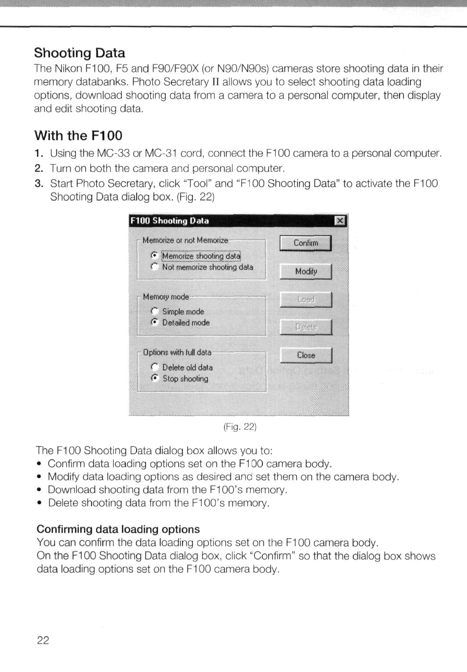 Shooting data, With the fi 00, Confirming data loading options | Nikon AC-2WE User Manual | Page 35 / 65
