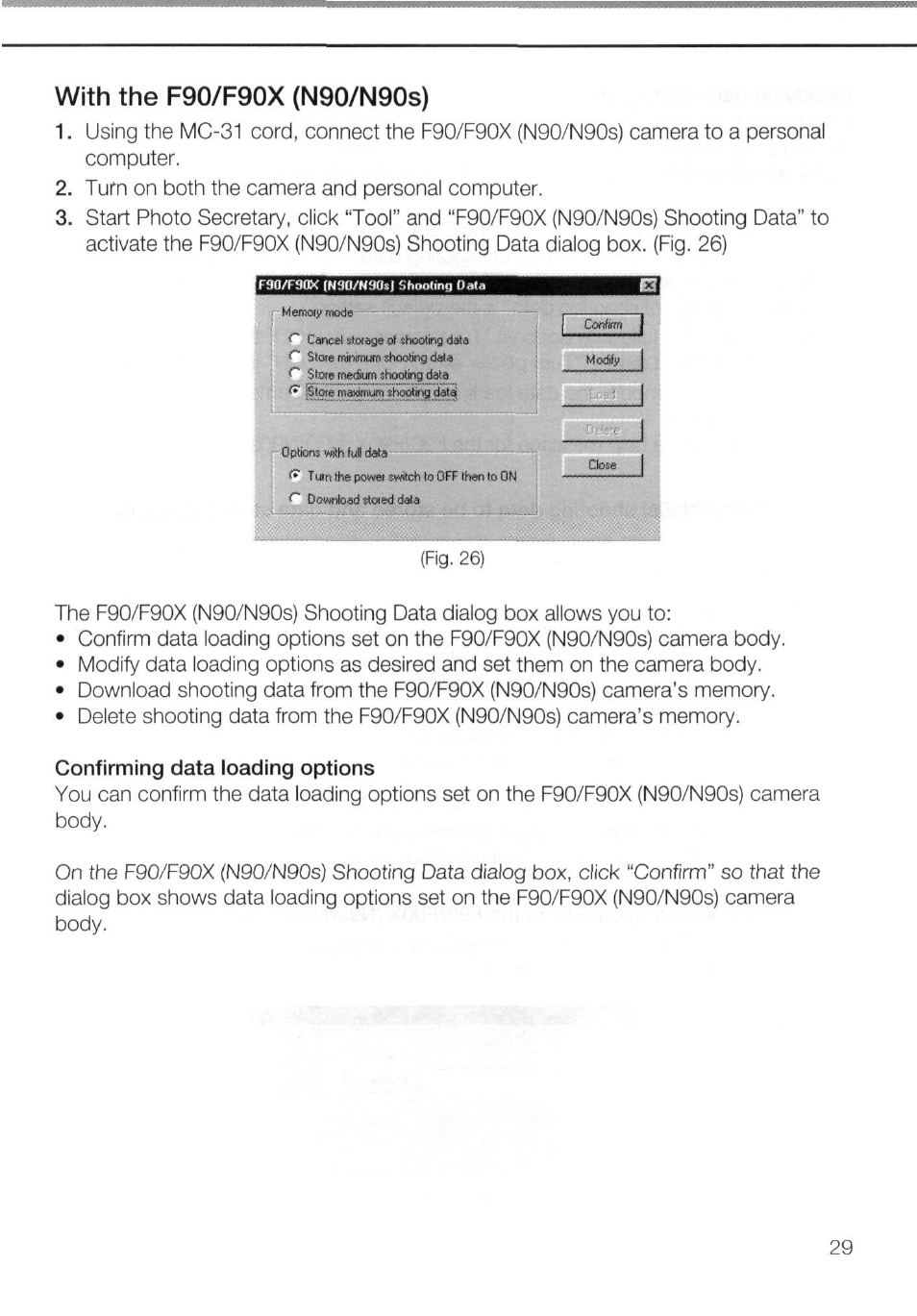 With the f90/f90x (n90/n90s), Confirming data loading options | Nikon AC-2WE User Manual | Page 42 / 65
