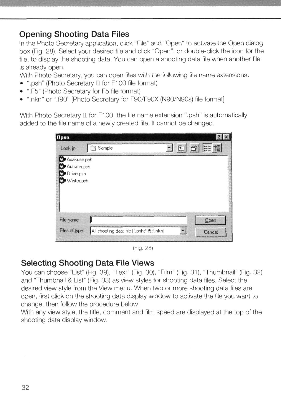 Opening shooting data files, Selecting shooting data file views, Look in | F^e name, Flpen... j cancel i | Nikon AC-2WE User Manual | Page 45 / 65