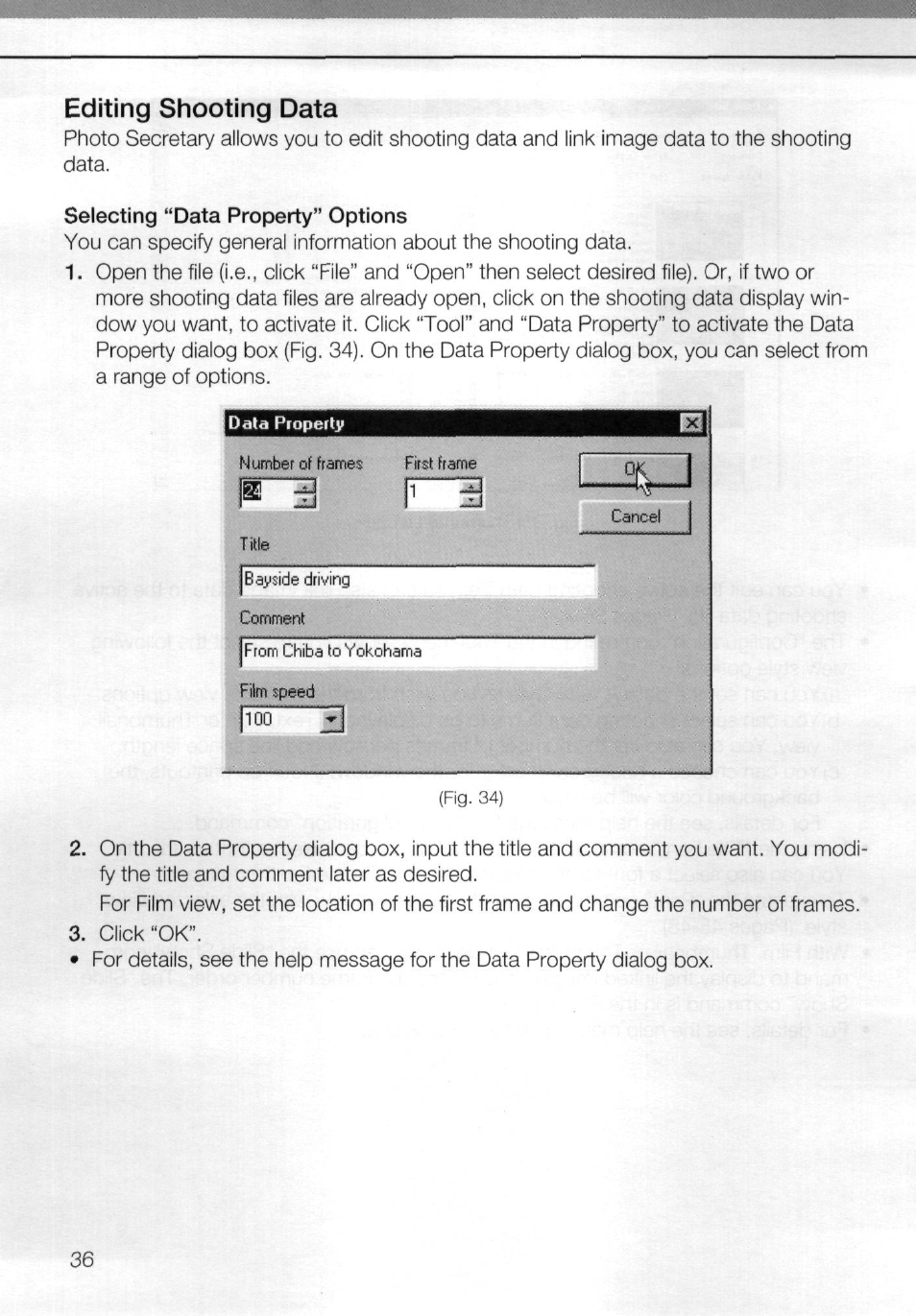 Editing shooting data, Selecting “data property” options | Nikon AC-2WE User Manual | Page 49 / 65