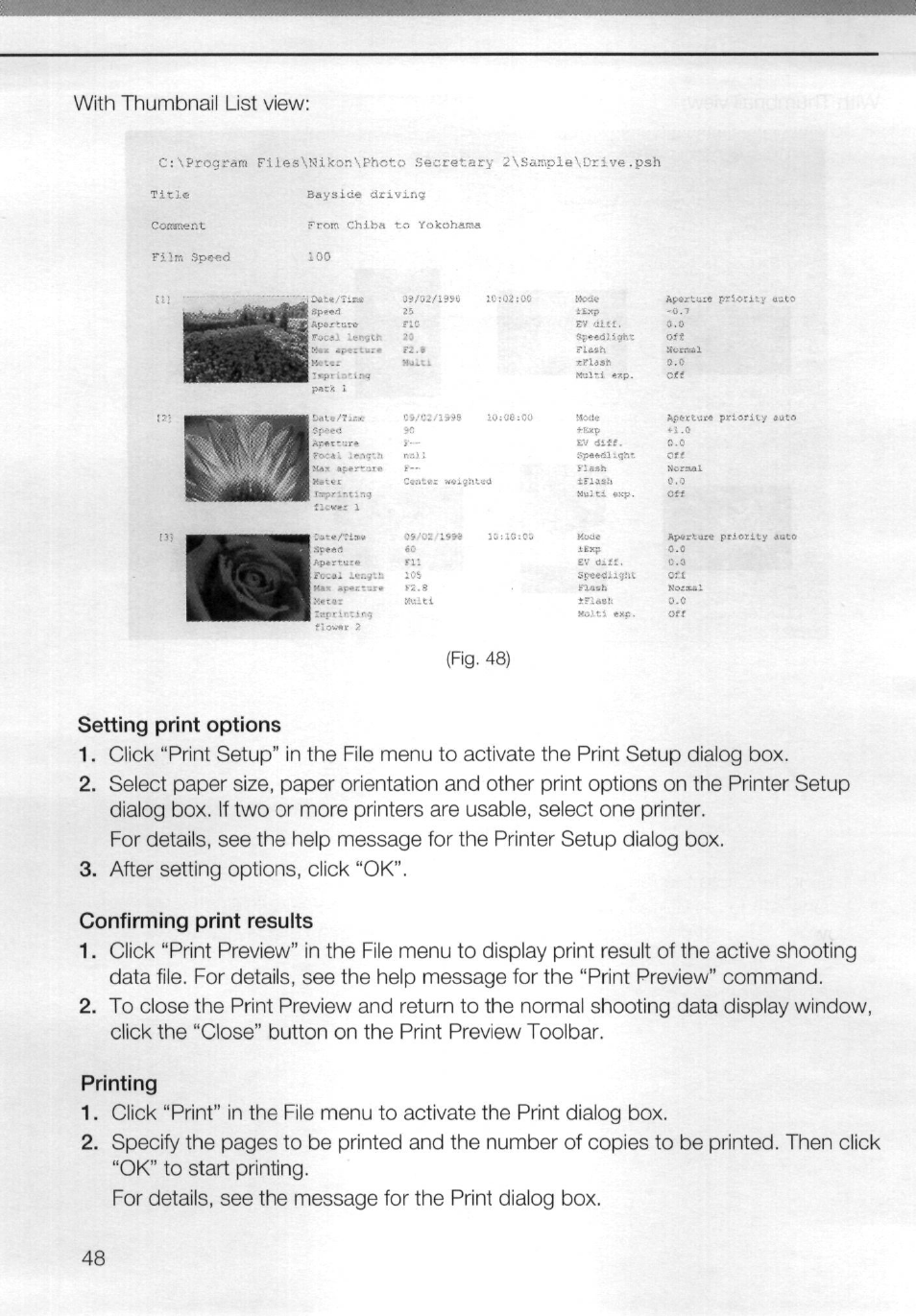 Setting print options, Confirming print results, Printing | With thumbnail list view, Coestient | Nikon AC-2WE User Manual | Page 61 / 65