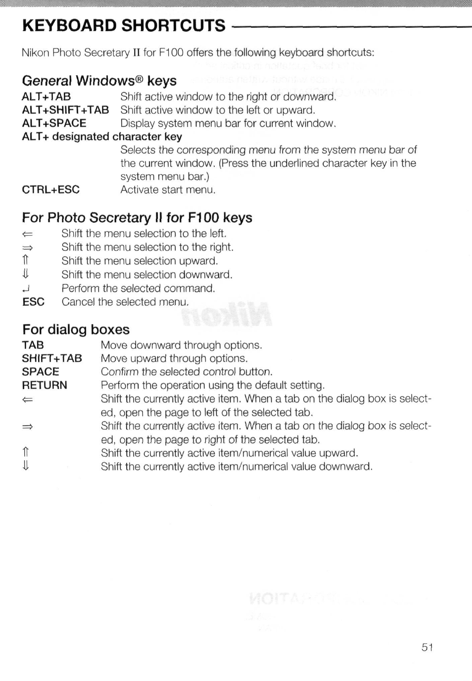General windows® keys, For photo secretary ii for fi 00 keys, Keyboard shortcuts | For dialog boxes | Nikon AC-2WE User Manual | Page 64 / 65