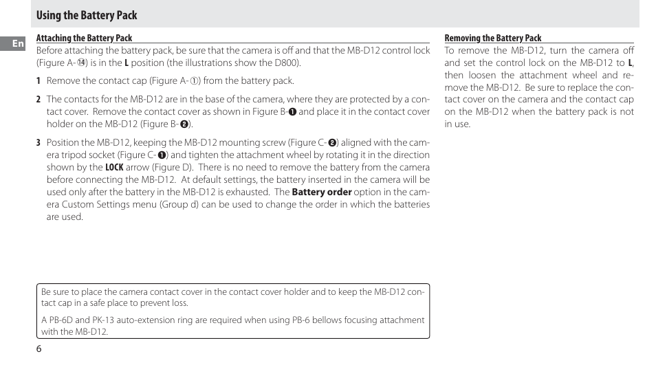 Using the battery pack, Attaching the battery pack, Removing the battery pack | Nikon Multi-Power Battery Pack MB-D12 User Manual | Page 10 / 244