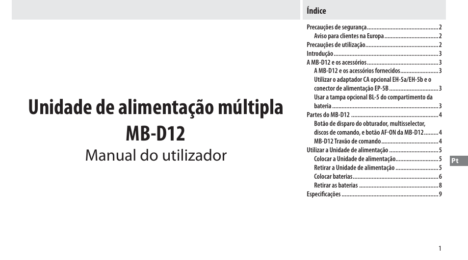 Índice, Unidade de alimentação múltipla mb-d12, Manual do utilizador | Nikon Multi-Power Battery Pack MB-D12 User Manual | Page 105 / 244