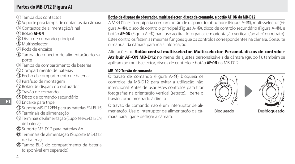 Partes do mb-d12, Mb-d12 travão de comando, Partes do mb-d12 (figura a) | Nikon Multi-Power Battery Pack MB-D12 User Manual | Page 108 / 244