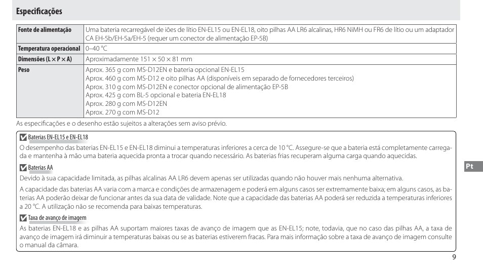 Especificações, Especiﬁ cações | Nikon Multi-Power Battery Pack MB-D12 User Manual | Page 113 / 244