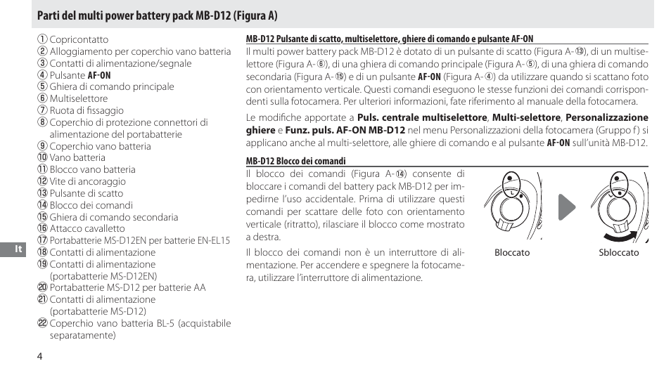 Parti del multi power battery pack mb-d12, Mb-d12 blocco dei comandi | Nikon Multi-Power Battery Pack MB-D12 User Manual | Page 118 / 244