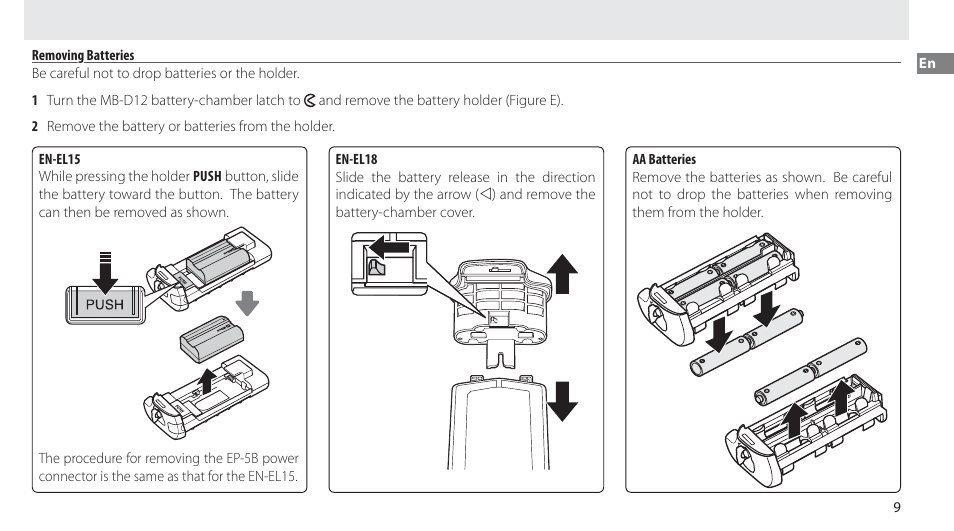 Removing batteries | Nikon Multi-Power Battery Pack MB-D12 User Manual | Page 13 / 244