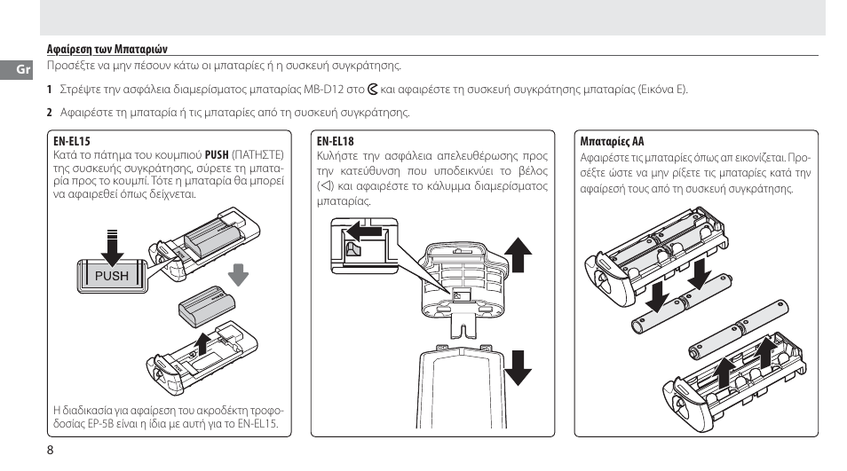 Αφαίρεση των μπαταριών | Nikon Multi-Power Battery Pack MB-D12 User Manual | Page 132 / 244