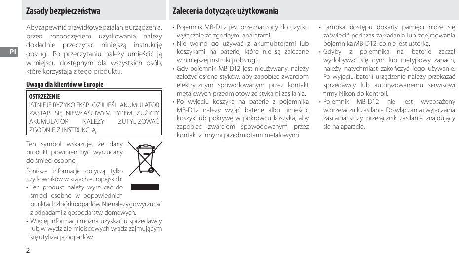 Zasady bezpieczeństwa, Uwaga dla klientów w europie, Zalecenia dotyczące użytkowania | Nikon Multi-Power Battery Pack MB-D12 User Manual | Page 136 / 244