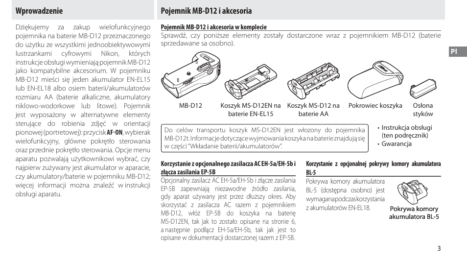 Wprowadzenie, Pojemnik mb-d12 i akcesoria, Pojemnik mb-d12 i akcesoria w komplecie | Wprowadzenie pojemnik mb-d12 i akcesoria | Nikon Multi-Power Battery Pack MB-D12 User Manual | Page 137 / 244
