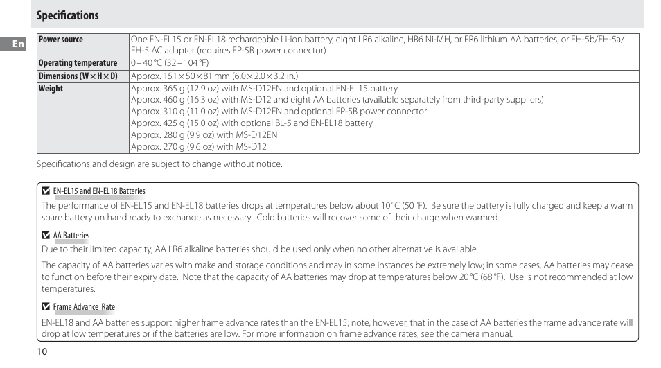 Specifications, Speciﬁ cations | Nikon Multi-Power Battery Pack MB-D12 User Manual | Page 14 / 244