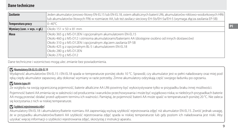 Dane techniczne | Nikon Multi-Power Battery Pack MB-D12 User Manual | Page 143 / 244