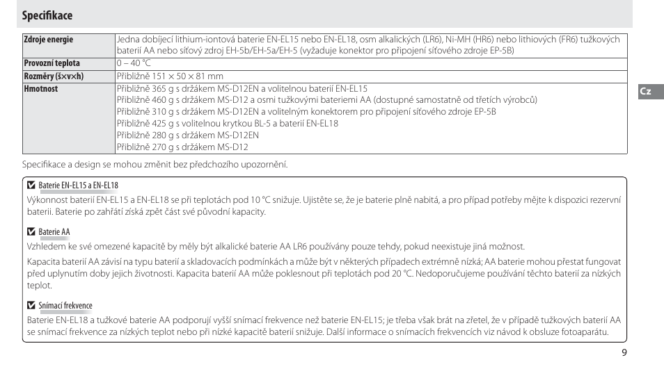 Specifikace, Speciﬁ kace | Nikon Multi-Power Battery Pack MB-D12 User Manual | Page 153 / 244