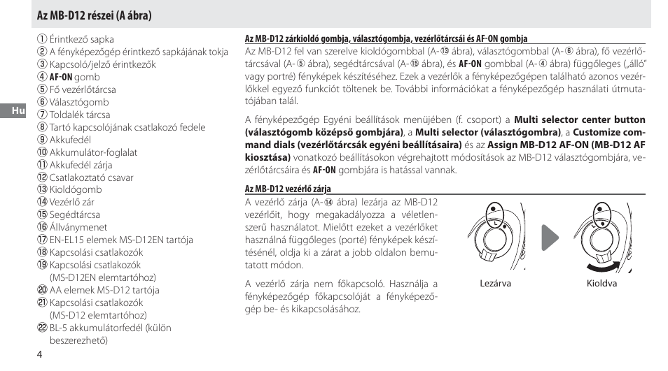 Az mb-d12 részei, Az mb-d12 vezérlő zárja, Az mb-d12 részei (a ábra) | Nikon Multi-Power Battery Pack MB-D12 User Manual | Page 158 / 244