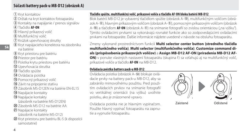 Súčasti battery pack-u mb-d12, Ovládacia poistka battery pack-u mb-d12, Súčasti battery pack-u mb-d12 (obrázok a) | Nikon Multi-Power Battery Pack MB-D12 User Manual | Page 168 / 244