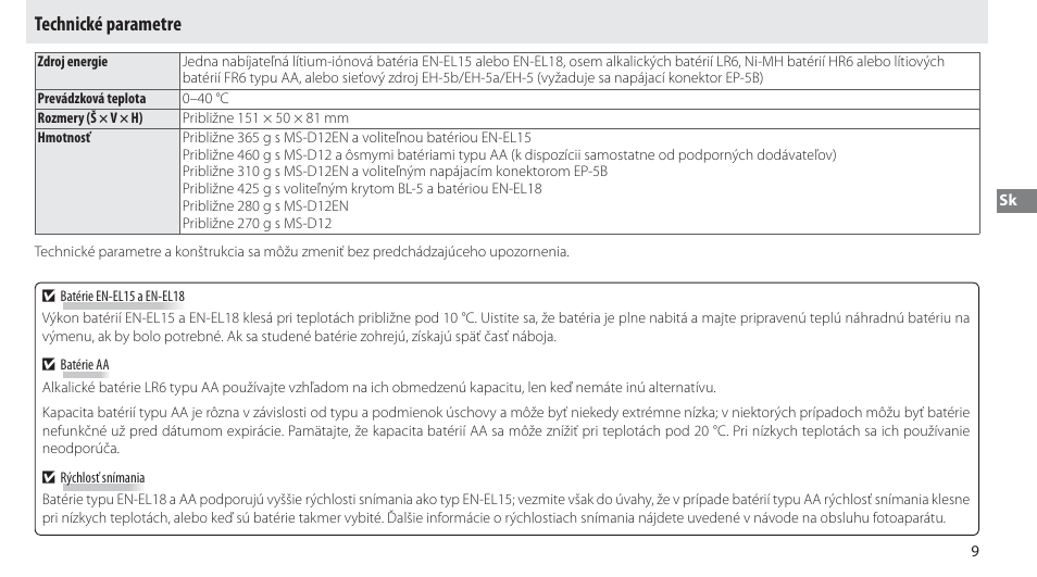 Technické parametre | Nikon Multi-Power Battery Pack MB-D12 User Manual | Page 173 / 244