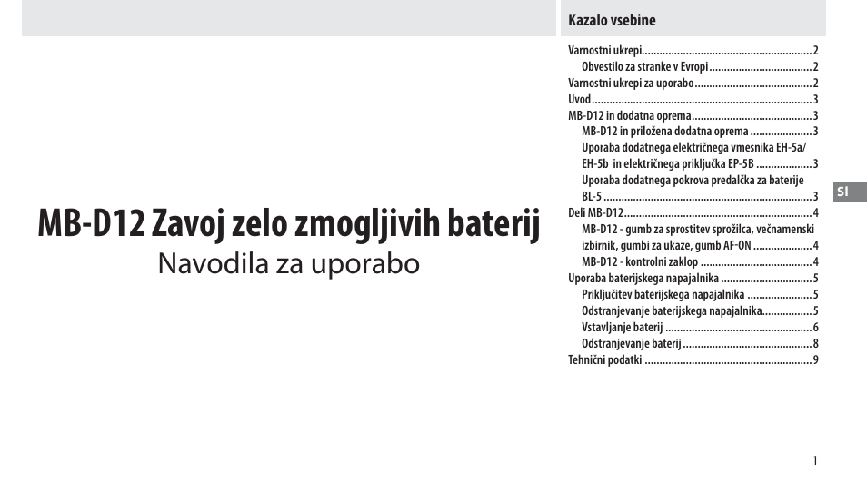 Kazalo vsebine, Mb-d12 zavoj zelo zmogljivih baterij, Navodila za uporabo | Nikon Multi-Power Battery Pack MB-D12 User Manual | Page 175 / 244