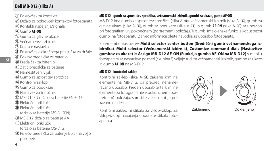 Deli mb-d12, Mb-d12 - kontrolni zaklep, Deli mb-d12 (slika a) | Nikon Multi-Power Battery Pack MB-D12 User Manual | Page 178 / 244