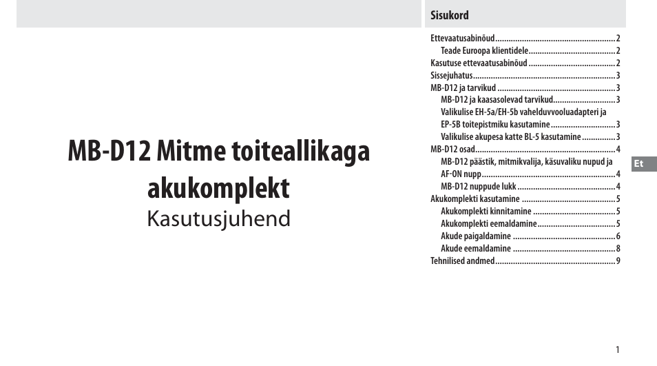 Sisukord, Mb-d12 mitme toiteallikaga akukomplekt, Kasutusjuhend | Nikon Multi-Power Battery Pack MB-D12 User Manual | Page 185 / 244