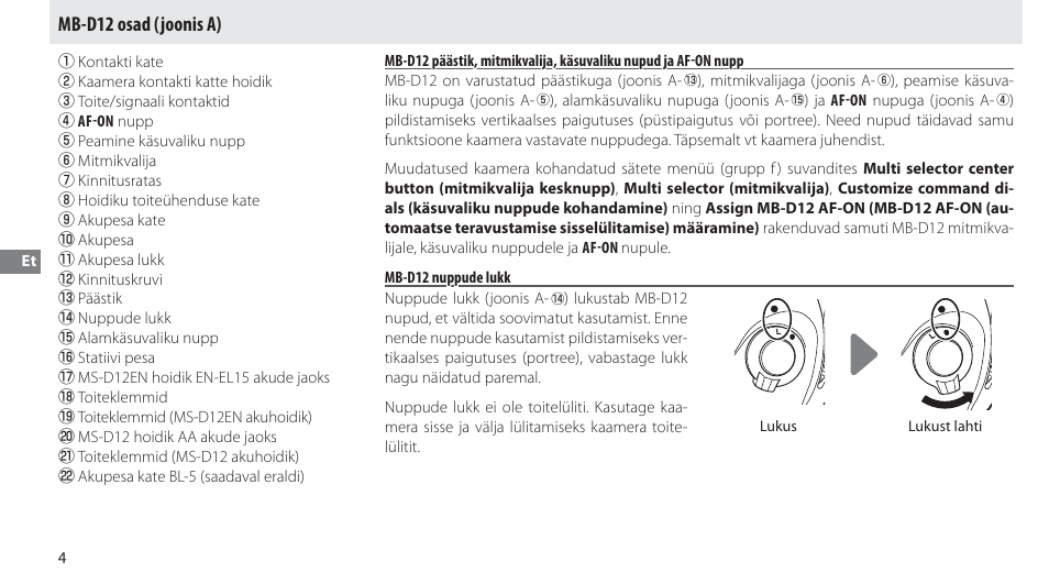 Mb-d12 osad, Mb-d12 nuppude lukk, Mb-d12 osad (joonis a) | Nikon Multi-Power Battery Pack MB-D12 User Manual | Page 188 / 244