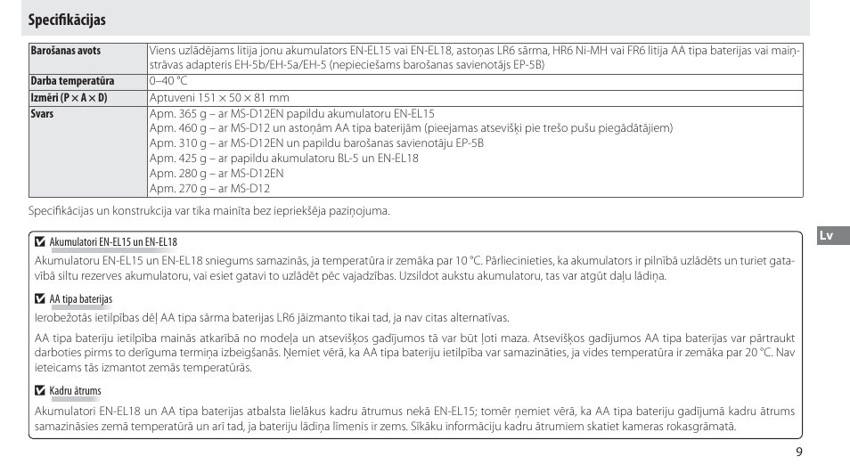 Specifikācijas, Speciﬁ kācijas | Nikon Multi-Power Battery Pack MB-D12 User Manual | Page 203 / 244