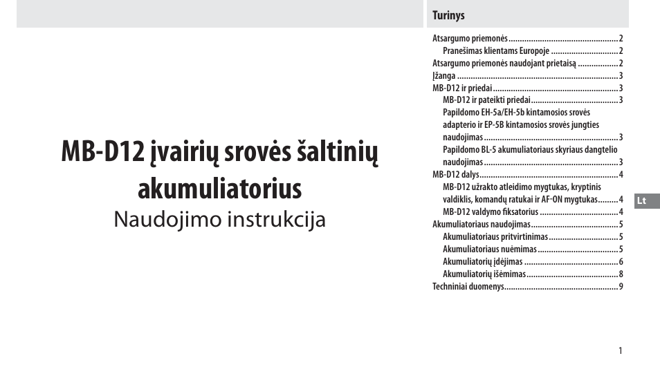 Turinys, Mb-d12 įvairių srovės šaltinių akumuliatorius, Naudojimo instrukcija | Nikon Multi-Power Battery Pack MB-D12 User Manual | Page 205 / 244