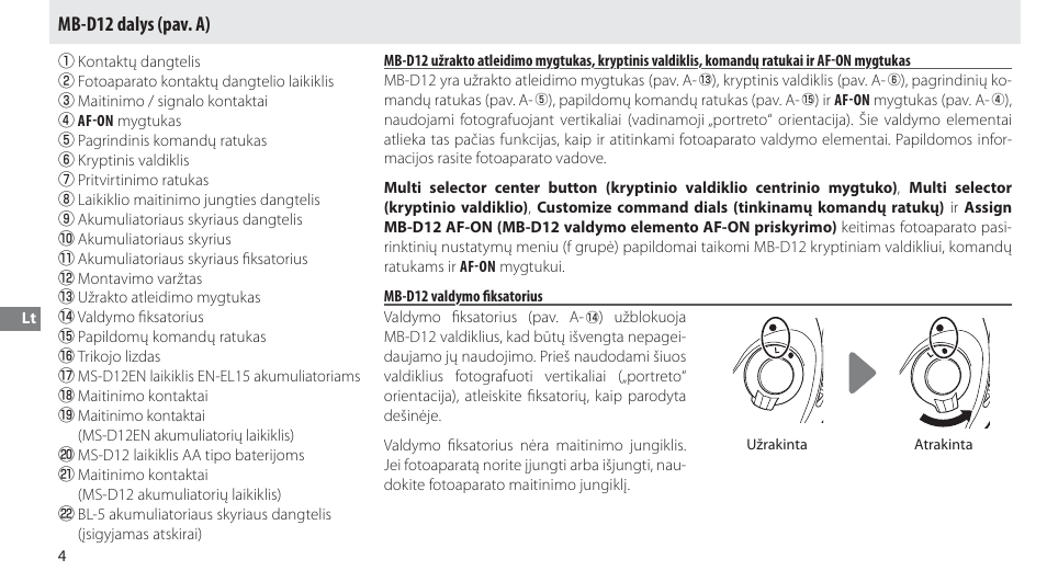 Mb-d12 dalys, Mb-d12 valdymo fiksatorius, Mb-d12 dalys (pav. a) | Nikon Multi-Power Battery Pack MB-D12 User Manual | Page 208 / 244