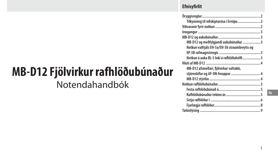 Efnisyfirlit, Mb-d12 fjölvirkur rafhlöðubúnaður | Nikon Multi-Power Battery Pack MB-D12 User Manual | Page 215 / 244