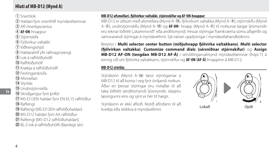 Hluti af mb-d12, Mb-d12 stýrilás, Hluti af mb-d12 (mynd a) | Nikon Multi-Power Battery Pack MB-D12 User Manual | Page 218 / 244