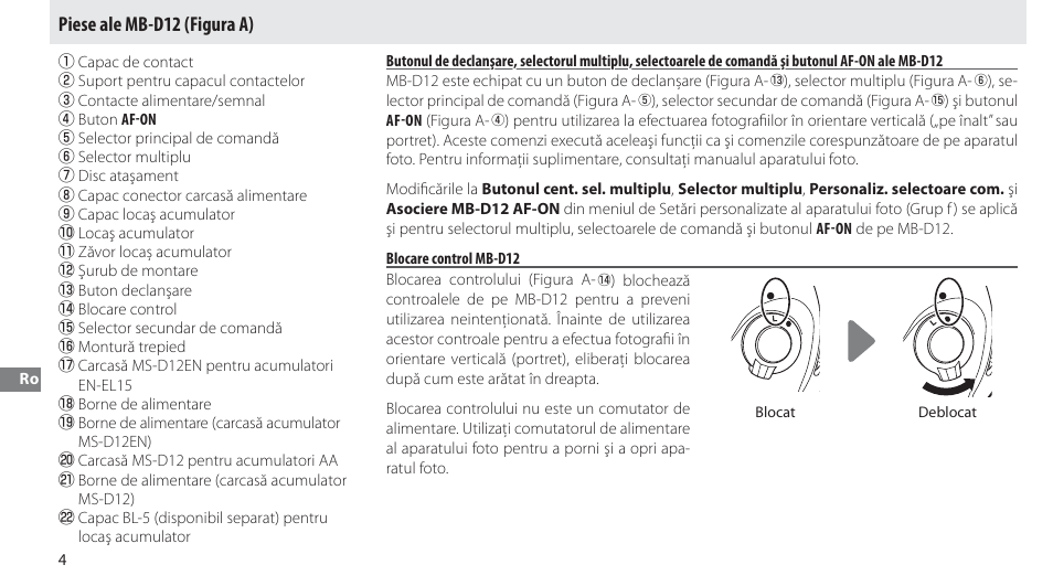 Piese ale mb-d12, Blocare control mb-d12, Piese ale mb-d12 (figura a) | Nikon Multi-Power Battery Pack MB-D12 User Manual | Page 228 / 244