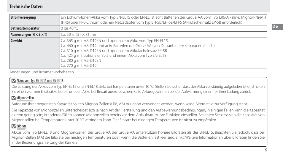 Technische daten | Nikon Multi-Power Battery Pack MB-D12 User Manual | Page 23 / 244