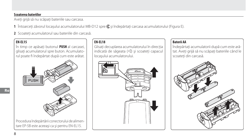 Scoaterea bateriilor | Nikon Multi-Power Battery Pack MB-D12 User Manual | Page 232 / 244