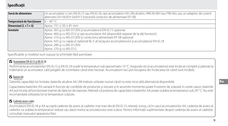 Specificaţii, Speciﬁ caţii | Nikon Multi-Power Battery Pack MB-D12 User Manual | Page 233 / 244