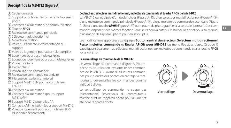Descriptif de la mb-d12, Le verrouillage de commande de la mb-d12, Descriptif de la mb-d12 (ﬁ gure a) | Nikon Multi-Power Battery Pack MB-D12 User Manual | Page 29 / 244