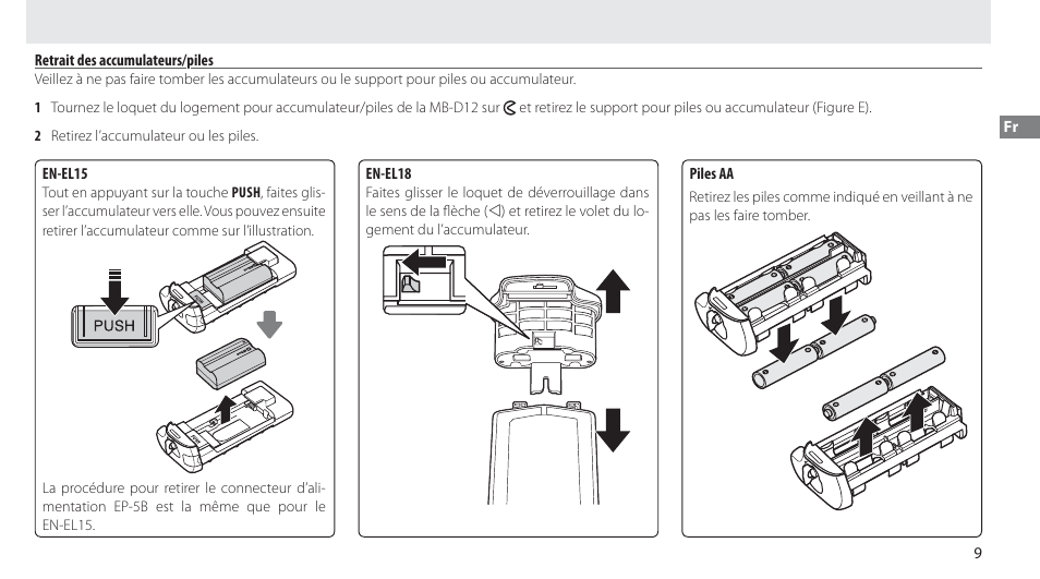 Retrait des accumulateurs/piles | Nikon Multi-Power Battery Pack MB-D12 User Manual | Page 33 / 244