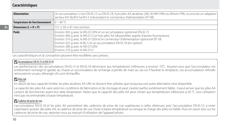 Caractéristiques | Nikon Multi-Power Battery Pack MB-D12 User Manual | Page 34 / 244