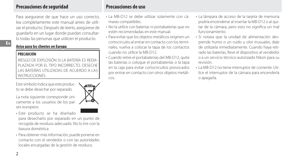 Precauciones de seguridad, Aviso para los clientes en europa, Precauciones de uso | Nikon Multi-Power Battery Pack MB-D12 User Manual | Page 36 / 244