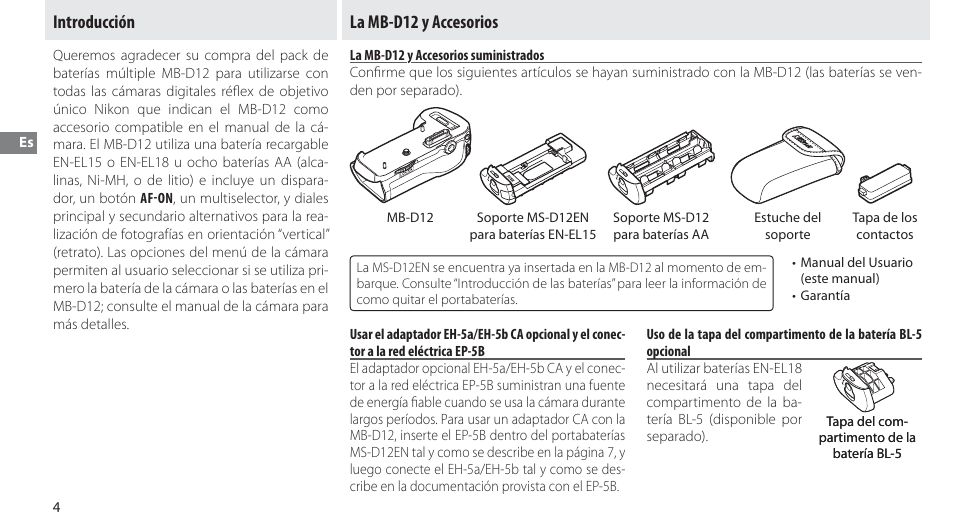 Introducción, La mb-d12 y accesorios, La mb-d12 y accesorios suministrados | Introducción la mb-d12 y accesorios | Nikon Multi-Power Battery Pack MB-D12 User Manual | Page 38 / 244