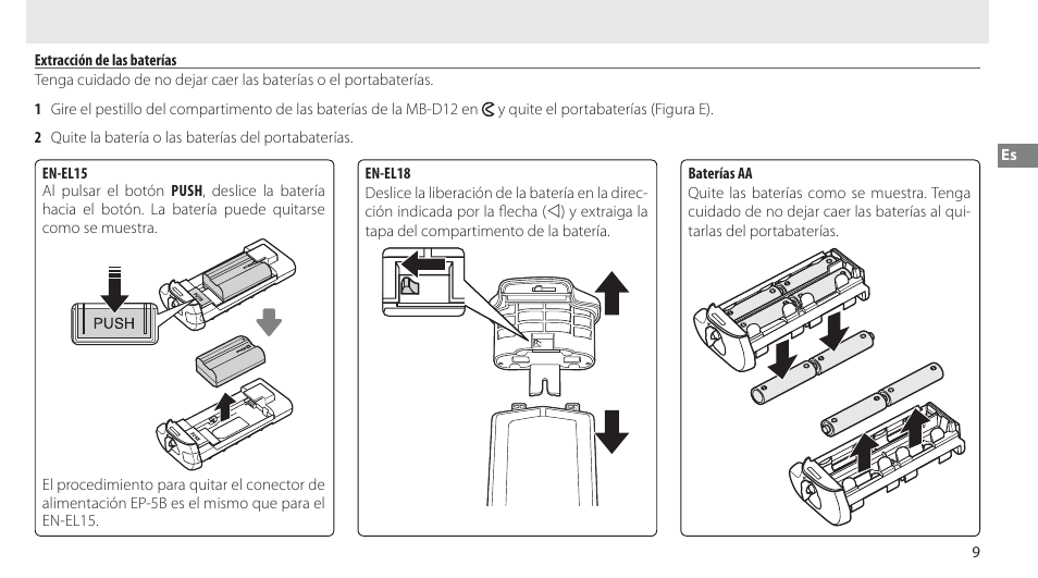 Extracción de las baterías | Nikon Multi-Power Battery Pack MB-D12 User Manual | Page 43 / 244