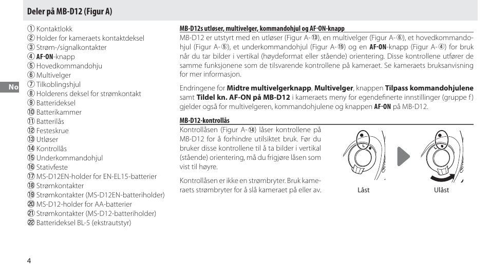 Deler på mb-d12, Mb-d12-kontrollås, Deler på mb-d12 (figur a) | Nikon Multi-Power Battery Pack MB-D12 User Manual | Page 48 / 244