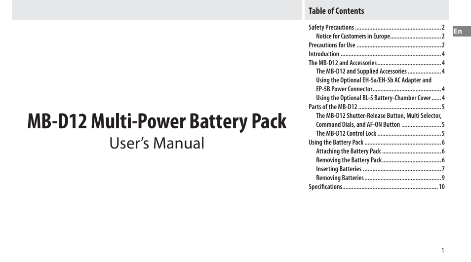 Nikon Multi-Power Battery Pack MB-D12 User Manual | Page 5 / 244