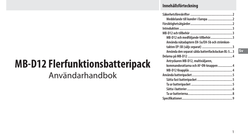 Innehållsförteckning, Mb-d12 flerfunktionsbatteripack, Användarhandbok | Nikon Multi-Power Battery Pack MB-D12 User Manual | Page 55 / 244