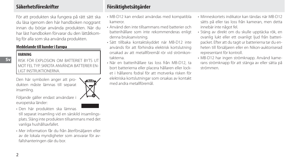 Säkerhetsföreskrifter, Meddelande till kunder i europa, Försiktighetsåtgärder | Nikon Multi-Power Battery Pack MB-D12 User Manual | Page 56 / 244