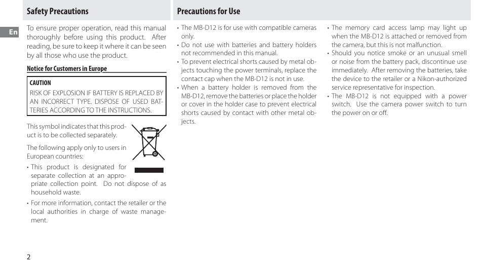 Safety precautions, Notice for customers in europe, Precautions for use | Nikon Multi-Power Battery Pack MB-D12 User Manual | Page 6 / 244