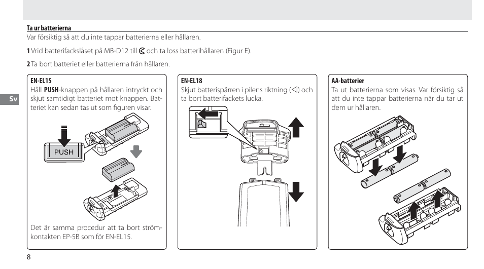 Ta ur batterierna | Nikon Multi-Power Battery Pack MB-D12 User Manual | Page 62 / 244