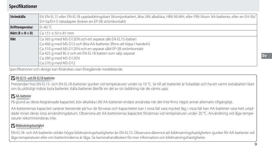 Specifikationer, Speciﬁ kationer | Nikon Multi-Power Battery Pack MB-D12 User Manual | Page 63 / 244