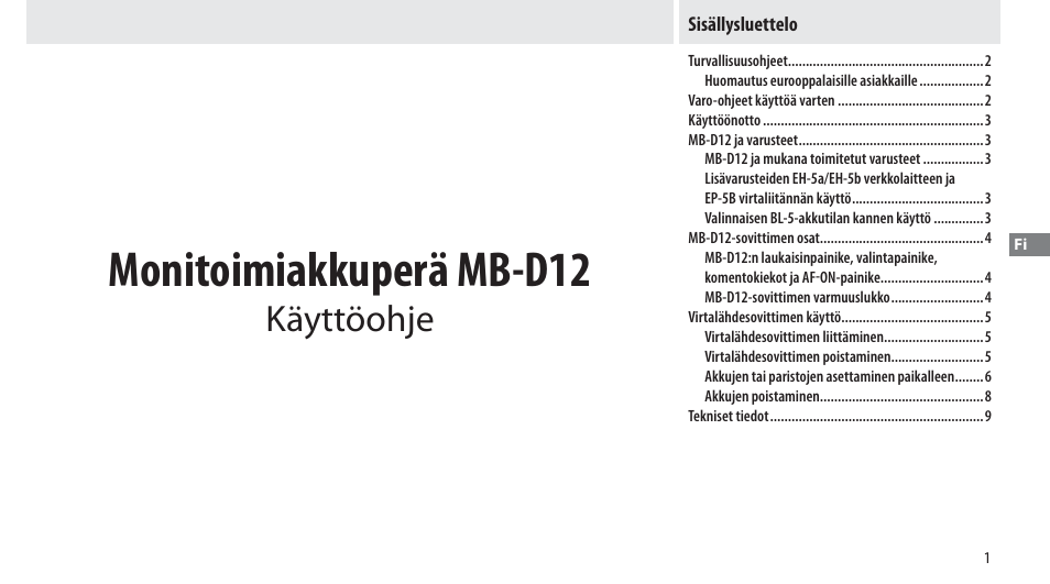 Sisällysluettelo, Monitoimiakkuperä mb-d12, Käyttöohje | Nikon Multi-Power Battery Pack MB-D12 User Manual | Page 65 / 244