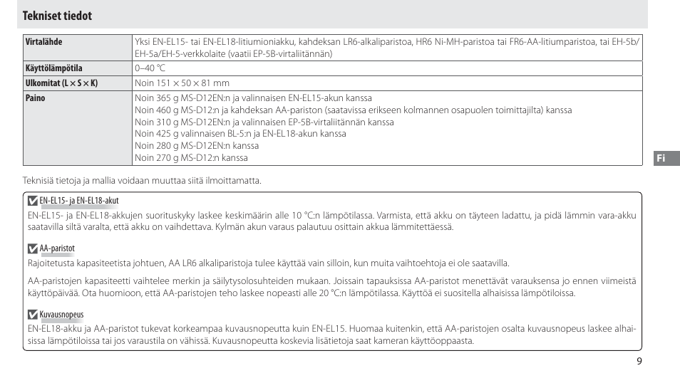 Tekniset tiedot | Nikon Multi-Power Battery Pack MB-D12 User Manual | Page 73 / 244