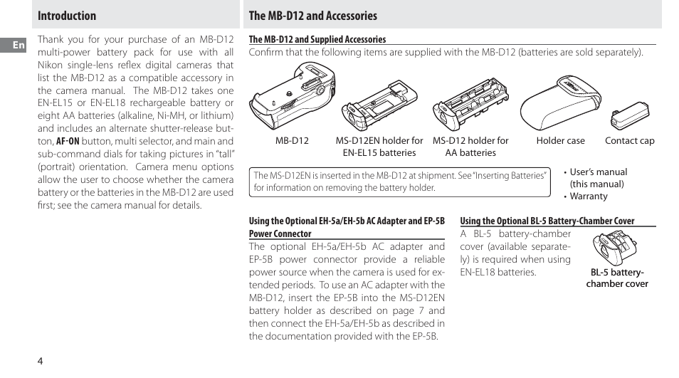 Introduction, The mb-d12 and accessories, The mb-d12 and supplied accessories | Using the optional bl-5 battery-chamber cover, Introduction the mb-d12 and accessories | Nikon Multi-Power Battery Pack MB-D12 User Manual | Page 8 / 244